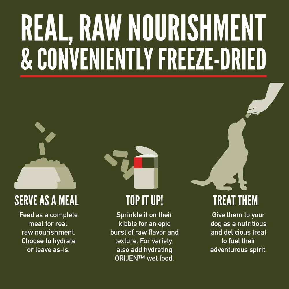 ORIJEN Epic Bites Tundra raw ingredients scene, highlighting WholePrey nutrition