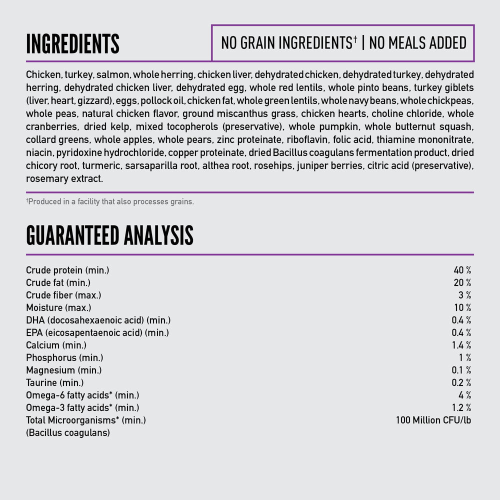 ORIJEN free-run chicken and turkey, salmon, liver first-five-ingredients close-up showcases protein-rich start
