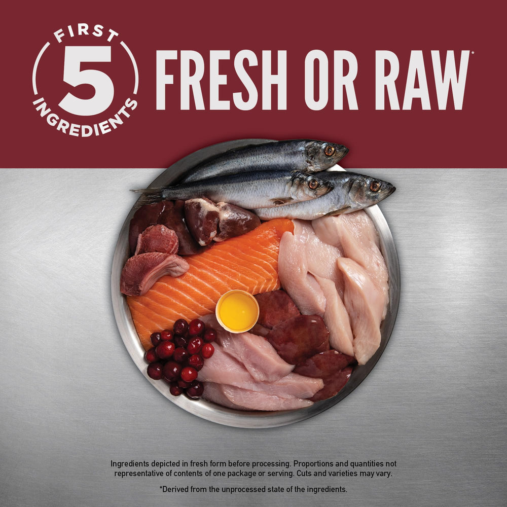 ORIJEN First five ingredients closeup emphasizing fresh poultry and fish