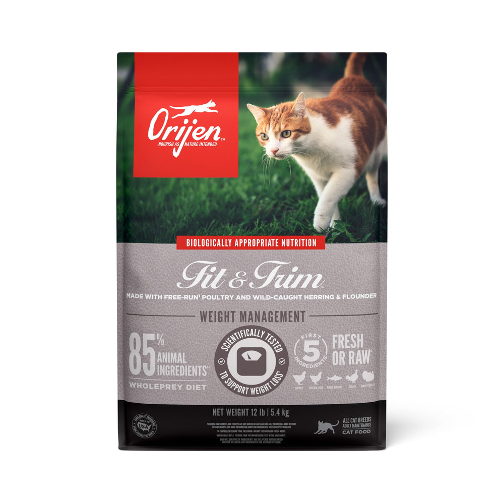 ORIJEN Fit & Trim 12lb bag showcasing high-protein dry cat food for lean muscle