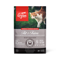 ORIJEN Fit & Trim 12lb bag showcasing high-protein dry cat food for lean muscle