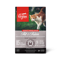 ORIJEN Fit & Trim packaging showing grain-free cat food for lean nutrition.