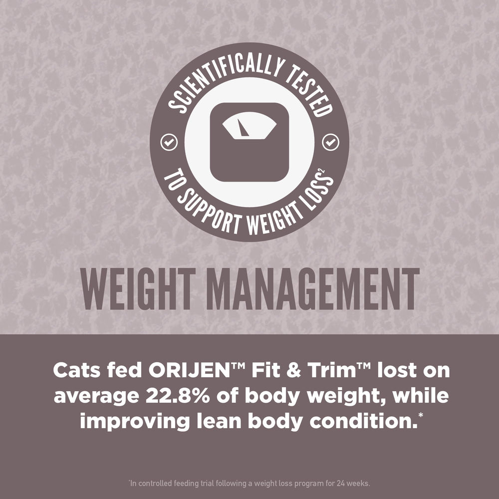 ORIJEN Fit & Trim bag opened with kibble pouring into a bowl.