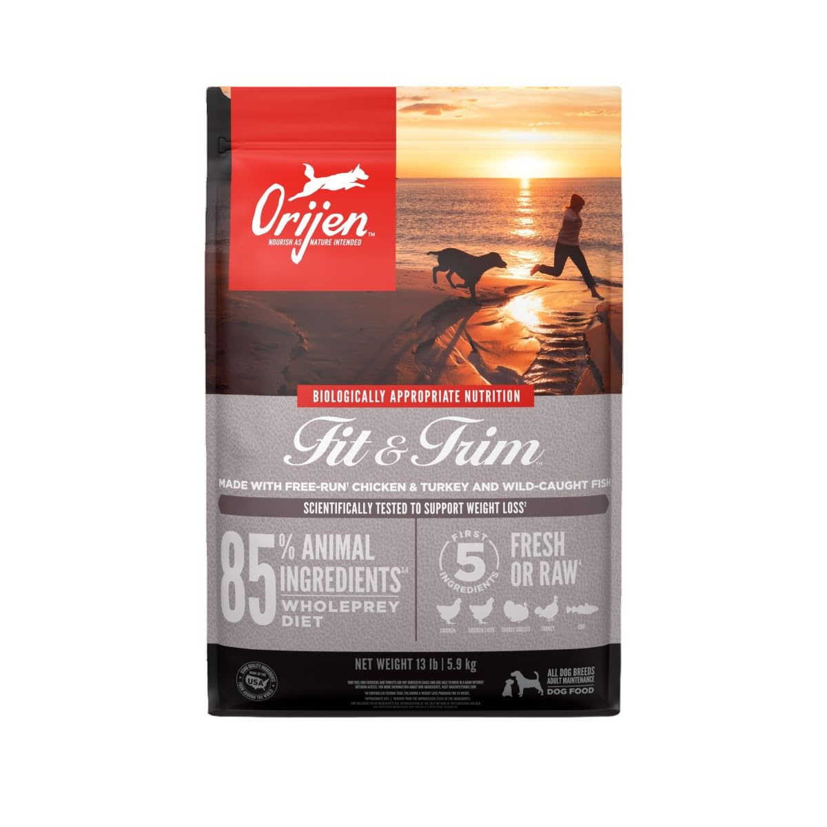 ORIJEN Fit & Trim 13lb bag showing high-protein grain-free formula for lean conditioning.