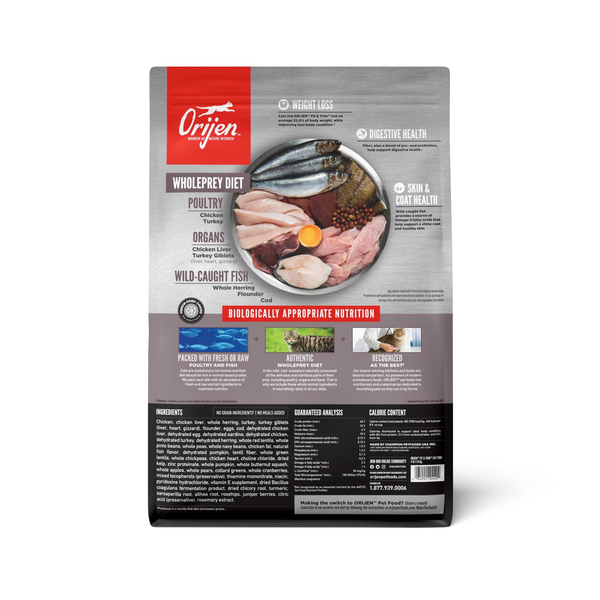 Close-up of ORIJEN Fit & Trim high-protein kibble for muscle support.