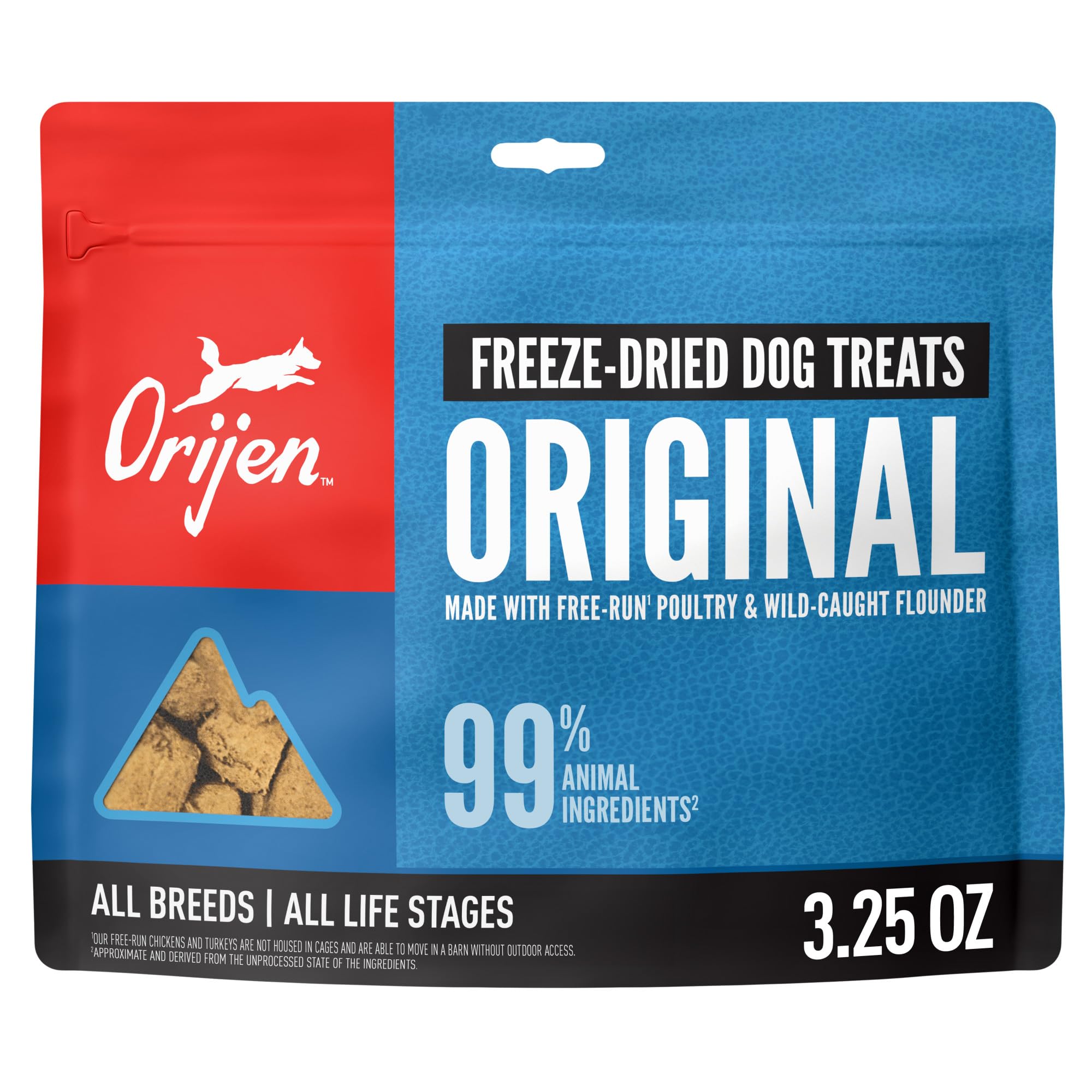 ORIJEN Freeze Dried Original dog treats bag close-up promoting high-protein reward for training.