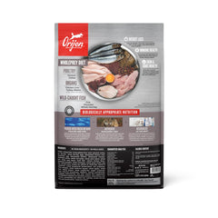 ORIJEN grain-free dog food packaging highlighting grain-free recipe for sensitive dogs.