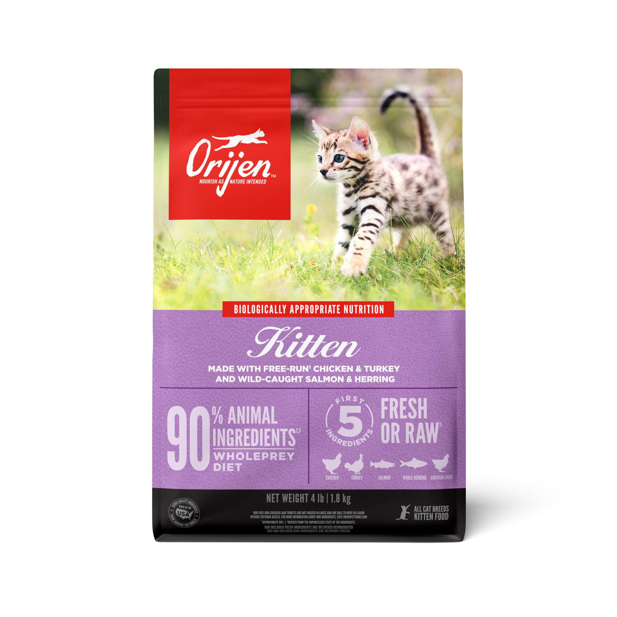 ORIJEN kitten grain-free dry food bag showing protein-rich formula for growing felines.