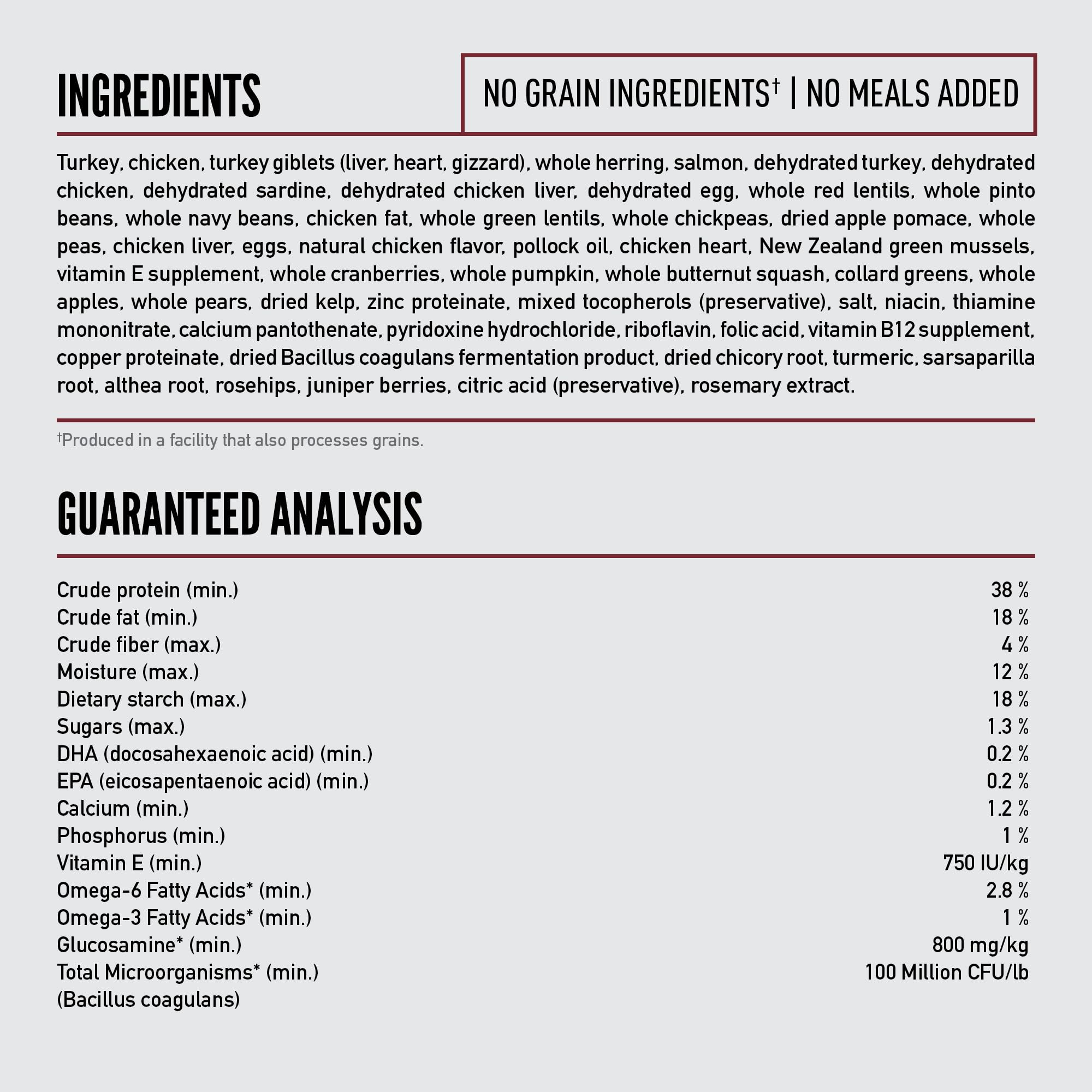 ORIJEN Grain Free no fillers label highlights absence of soy, corn, tapioca or wheat