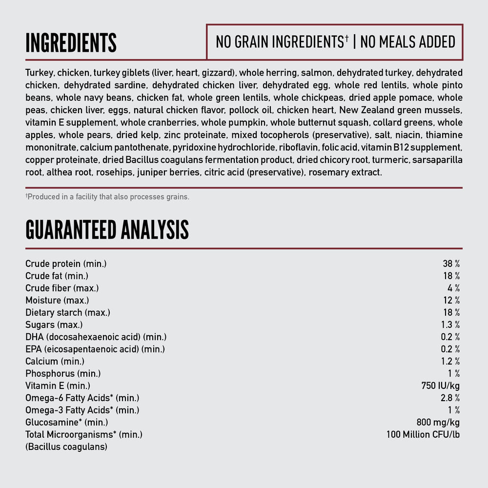 ORIJEN Grain Free no fillers label highlights absence of soy, corn, tapioca or wheat