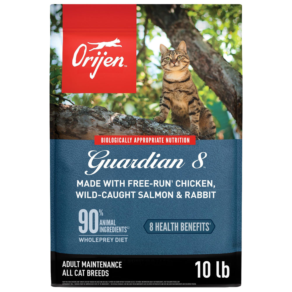 ORIJEN Guardian 8 grain-free bag shows premium dry cat food for active cats.
