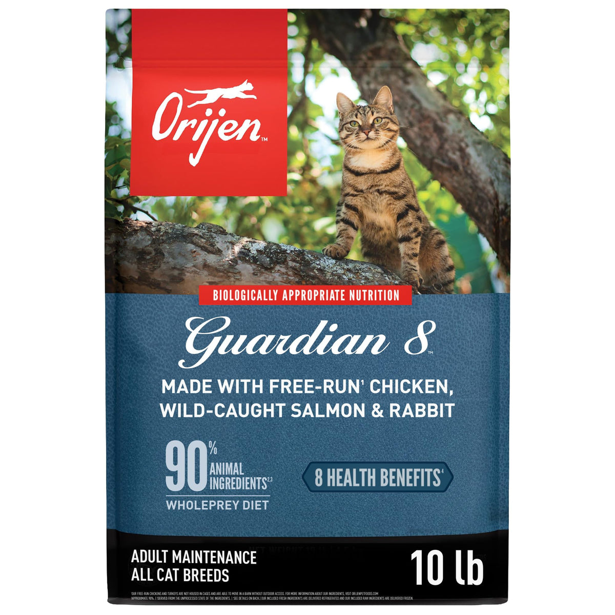 ORIJEN Guardian 8 grain-free bag shows premium dry cat food for active cats.