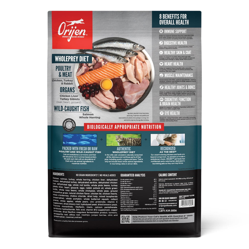 Closeup of ORIJEN Guardian kibble highlighting meat-rich texture.