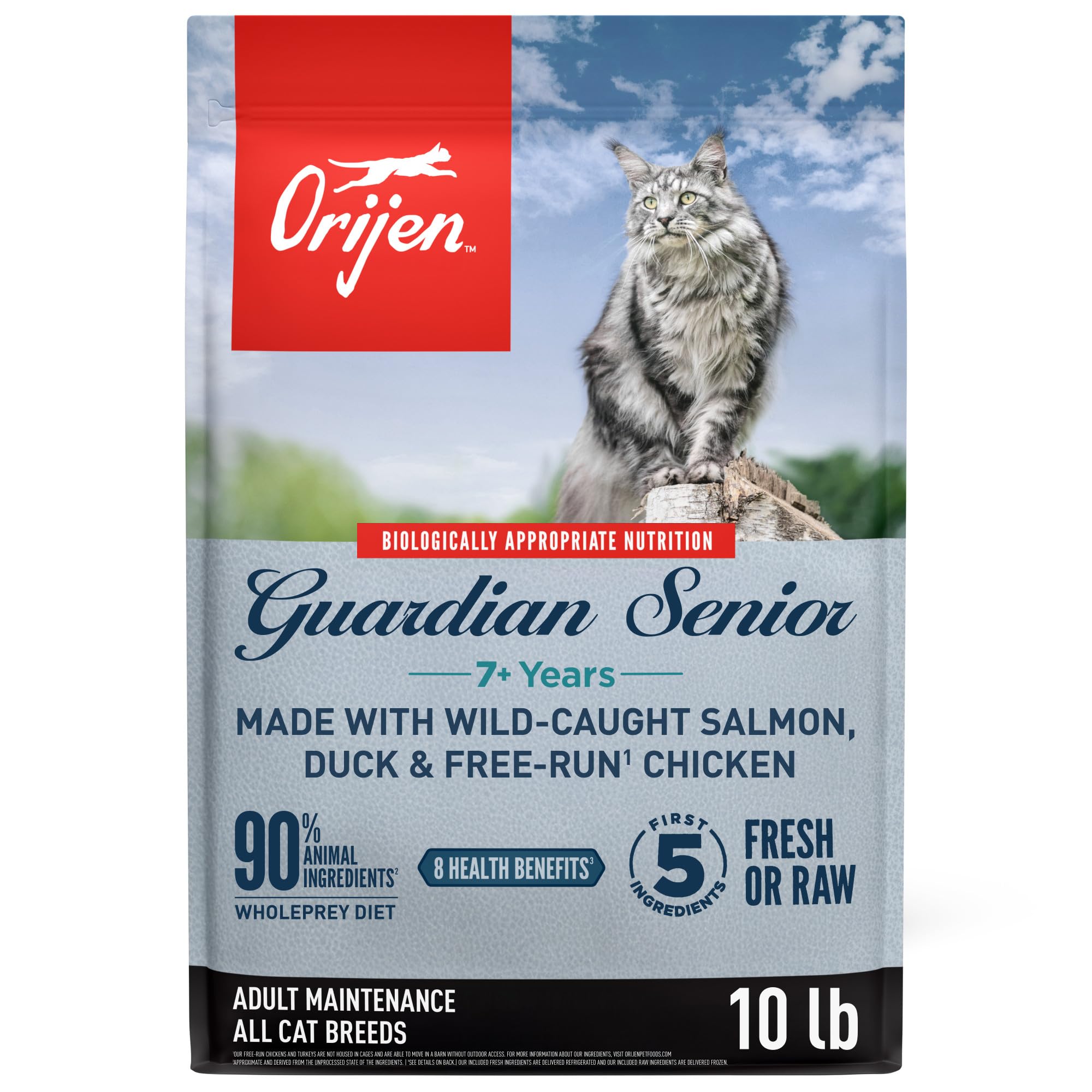 ORIJEN Guardian Senior bag front shows grain-free formula for aging cats.