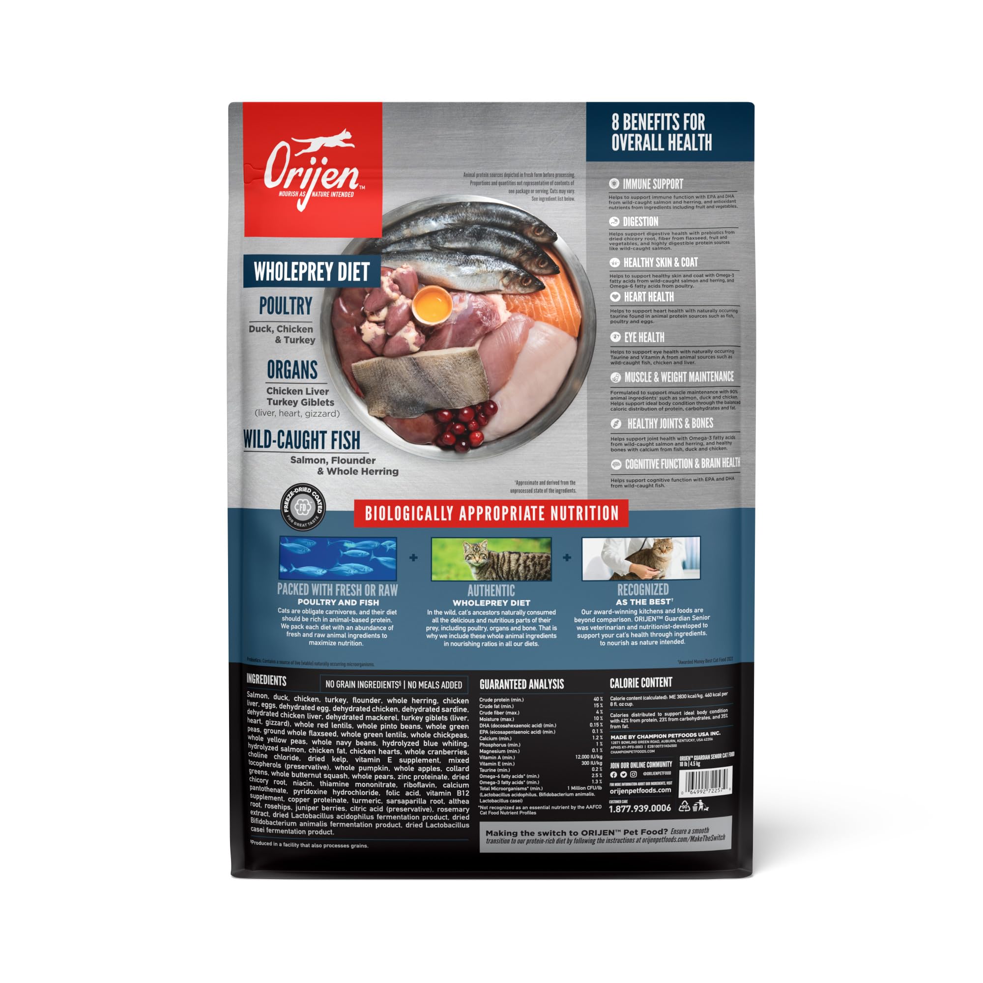 ORIJEN Guardian Senior kibble close-up highlights high-protein bites for aging cats.