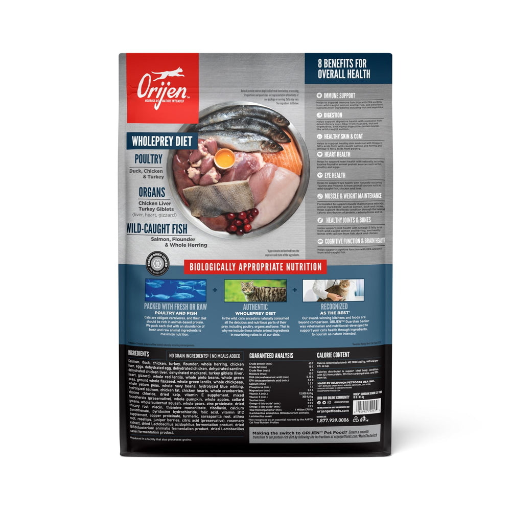 ORIJEN Guardian Senior kibble close-up highlights high-protein bites for aging cats.