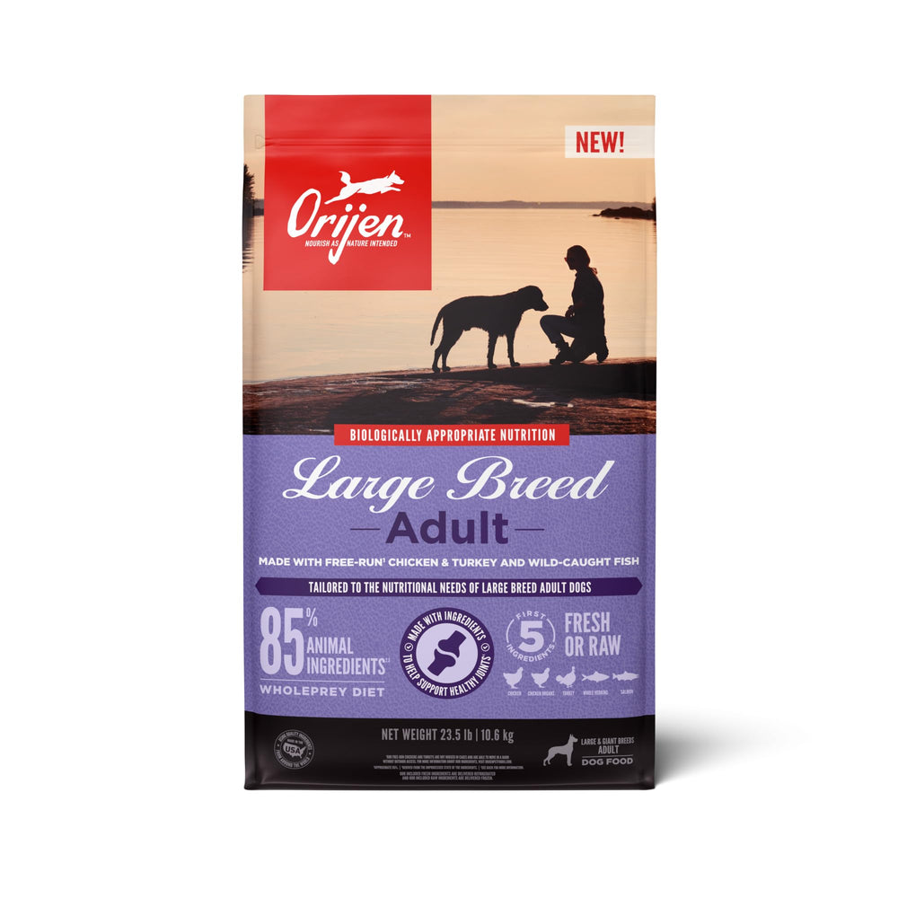 ORIJEN Large Breed Adult dry dog food bag highlighting premium protein for joints.