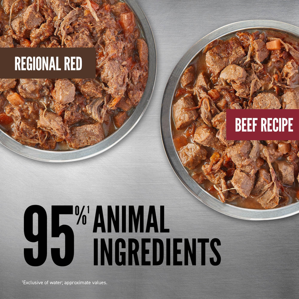 ORIJEN Moisture-rich dog food pour from can highlights hydration during meals.