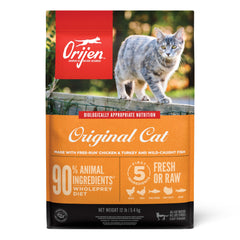 ORIJEN Original cat food 12lb bag closeup, high-protein grain-free formula supports digestion