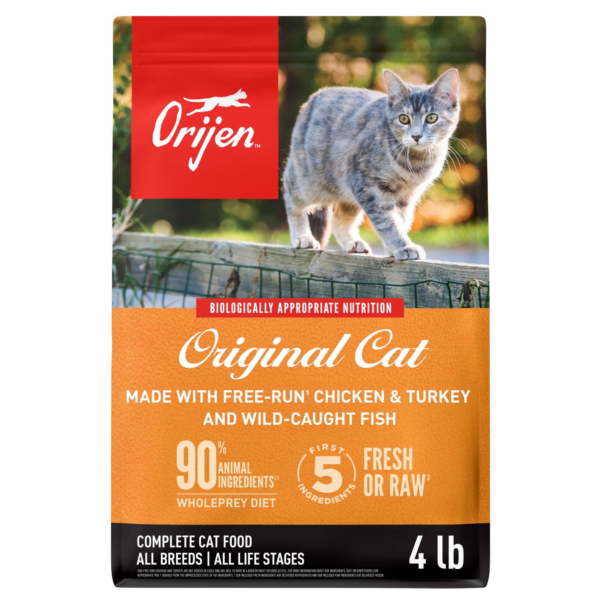 ORIJEN Original Cat Food 4 lb bag showing premium protein for lean, active cats.