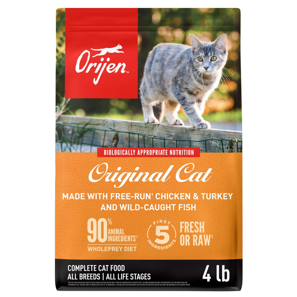 ORIJEN Original Cat Food 4 lb bag showing premium protein for lean, active cats.