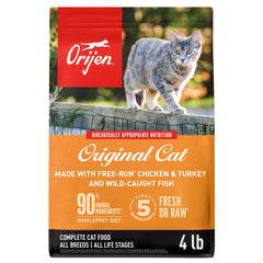 ORIJEN Original Cat Food 4 lb bag showing premium protein for lean, active cats.