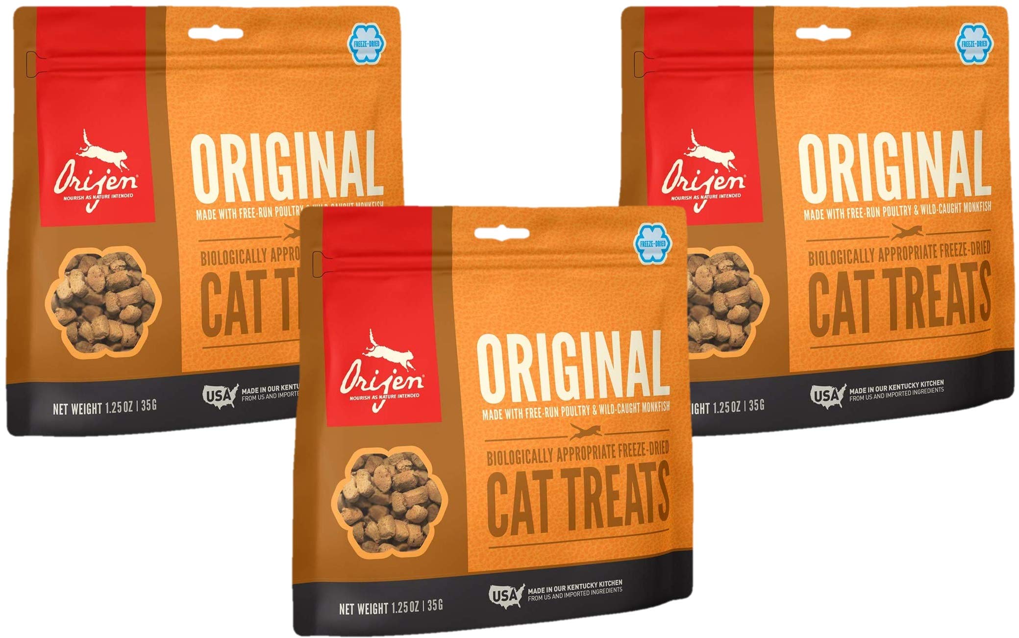 ORIJEN Original cat treats: freeze-dried 3-pack with chicken, turkey, and monkfish for protein-rich rewards