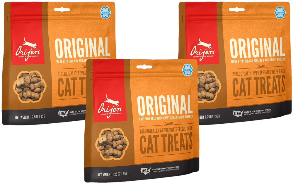 ORIJEN Original cat treats: freeze-dried 3-pack with chicken, turkey, and monkfish for protein-rich rewards