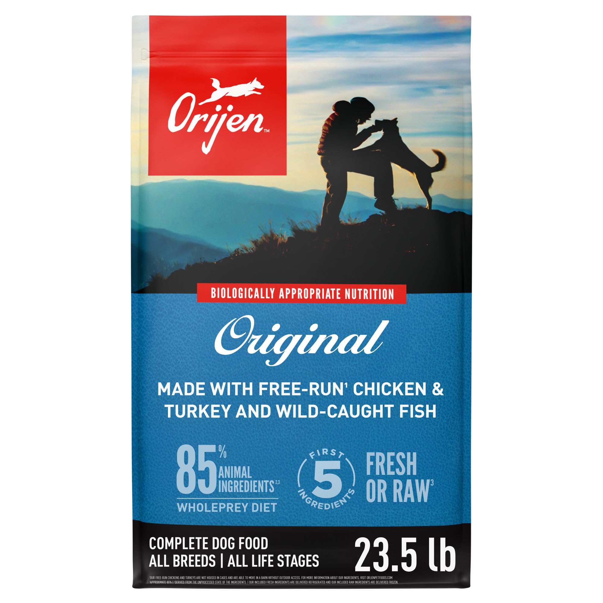 ORIJEN Original 23.5 lb bag with grain-free formula for protein-forward meals.