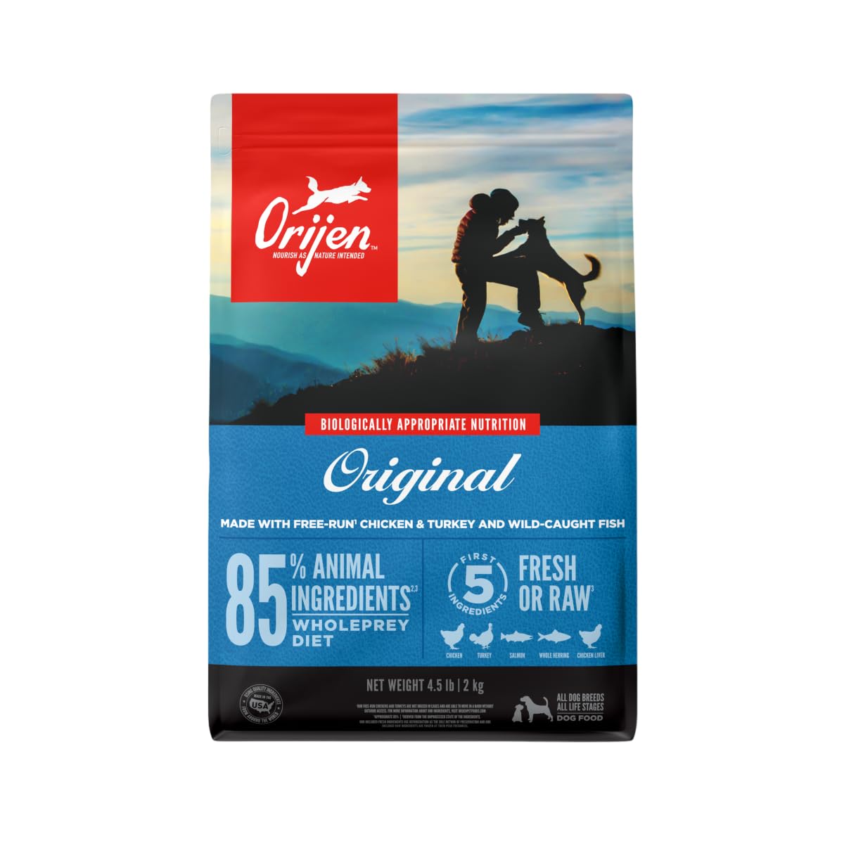 ORIJEN Original dry dog food bag highlighting high protein for active dogs