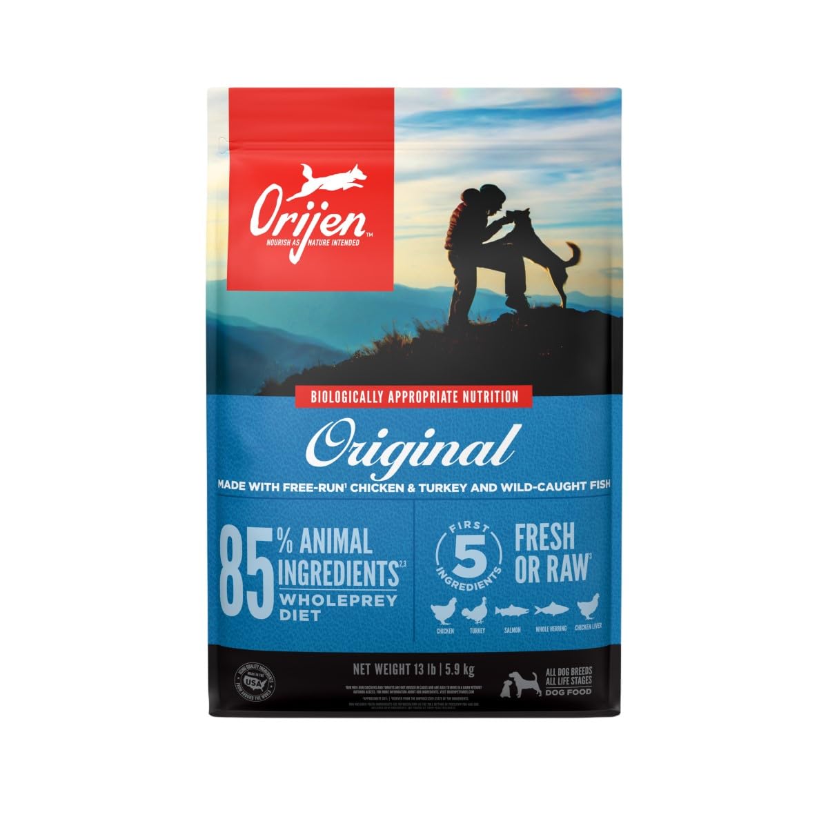 ORIJEN Original grain-free dry dog food bag front, highlighting formula