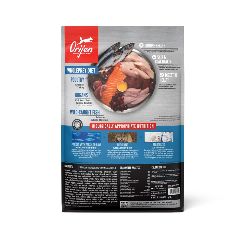 Close-up of ORIJEN Original ingredient visuals with fresh animal ingredients