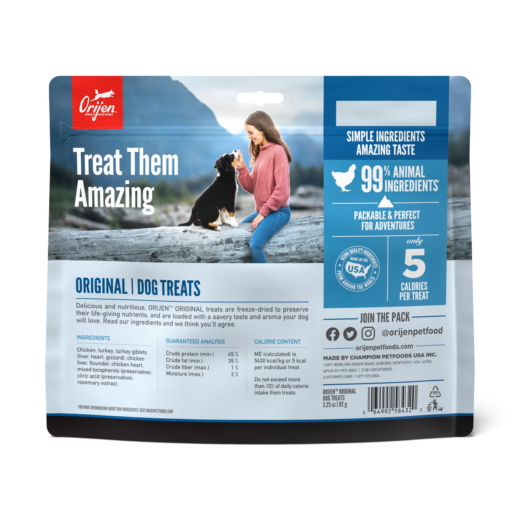 ORIJEN Original treats packaging close-up shows convenient pack for adventures.