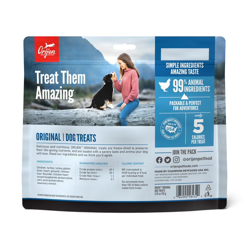 ORIJEN Original treats packaging close-up shows convenient pack for adventures.