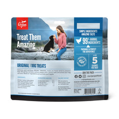 ORIJEN Original treats packaging close-up shows convenient pack for adventures.