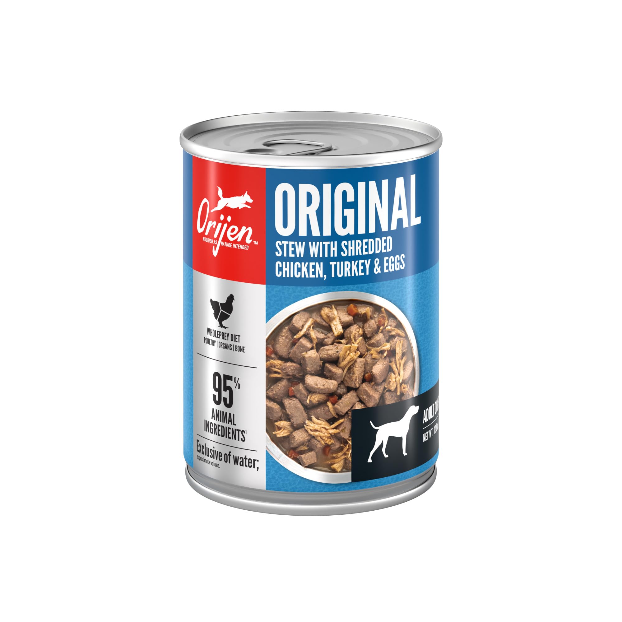 ORIJEN Original Stew Recipe with chicken, turkey, and eggs ingredients close-up highlighting WholePrey components.