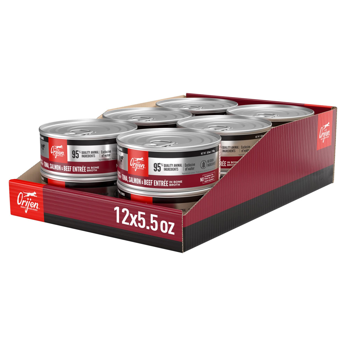 ORIJEN Premium Pate in Bone Broth with tuna-salmon-beef entrée, protein-rich meal option.
