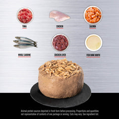First 11 ingredients are fresh or raw fish, beef and poultry in broth.
