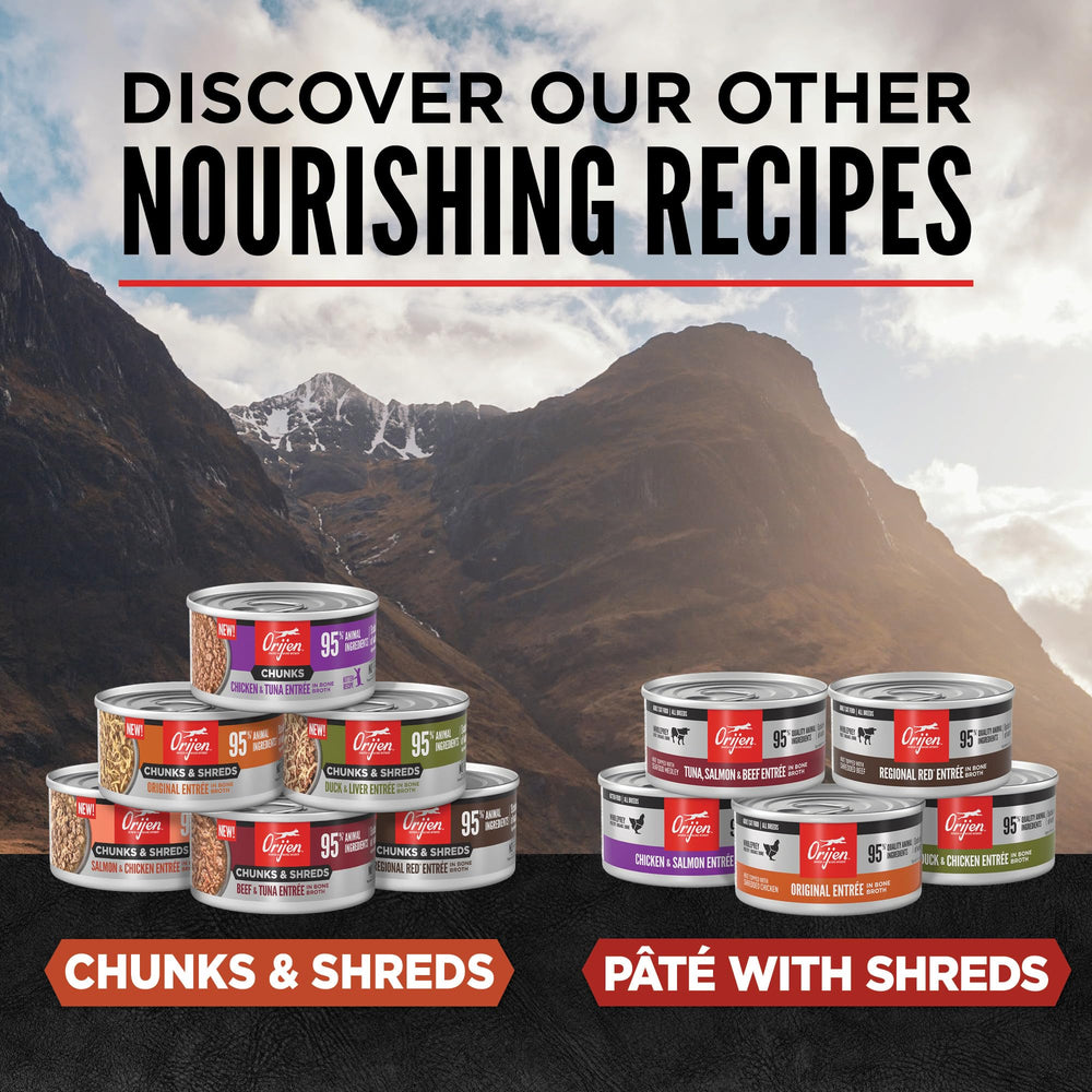 Seafood shreds topping on ORIJEN pate add texture and interest for cats.