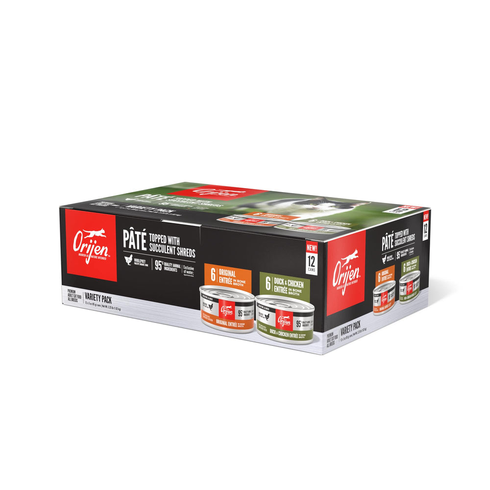 ORIJEN Premium Pâté Original Entrée cans shown in a 12-pack for protein-forward meals