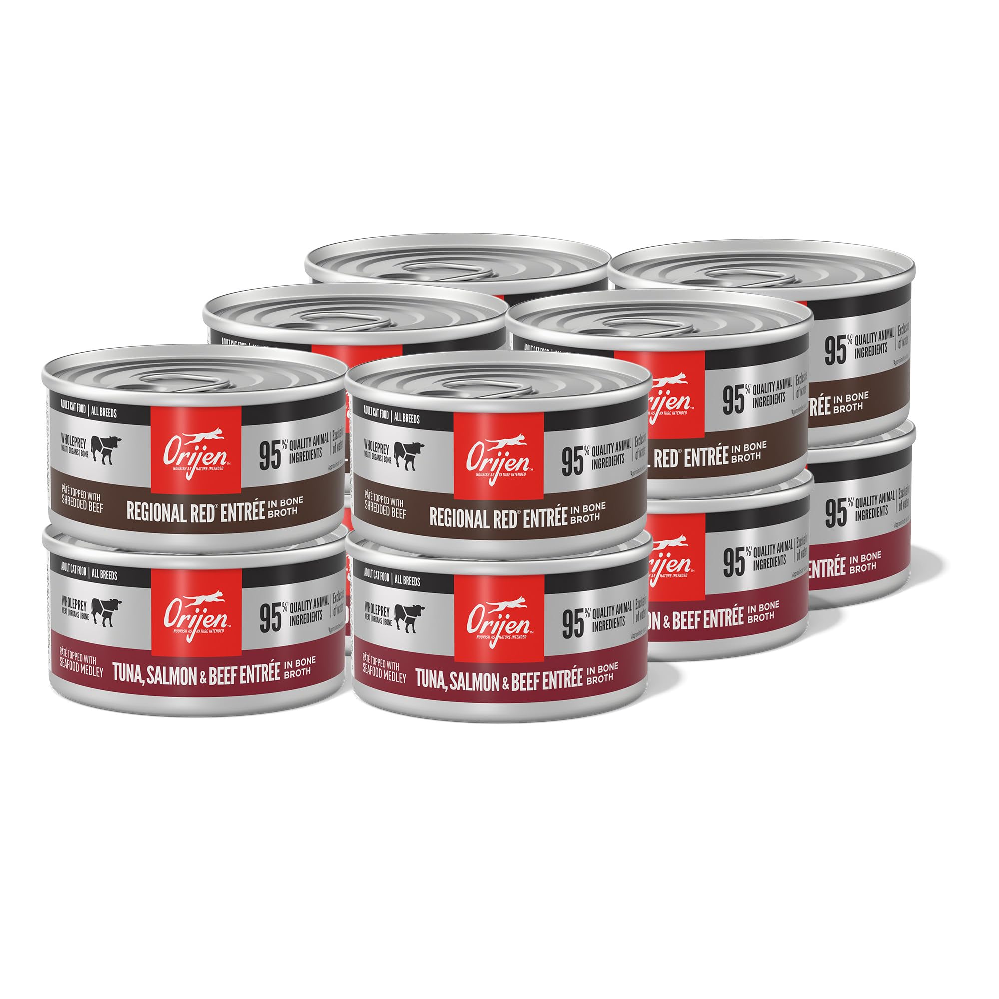 ORIJEN Premium Pate Tuna-Salmon-Beef Entrée can shows high-protein whole prey ingredients.