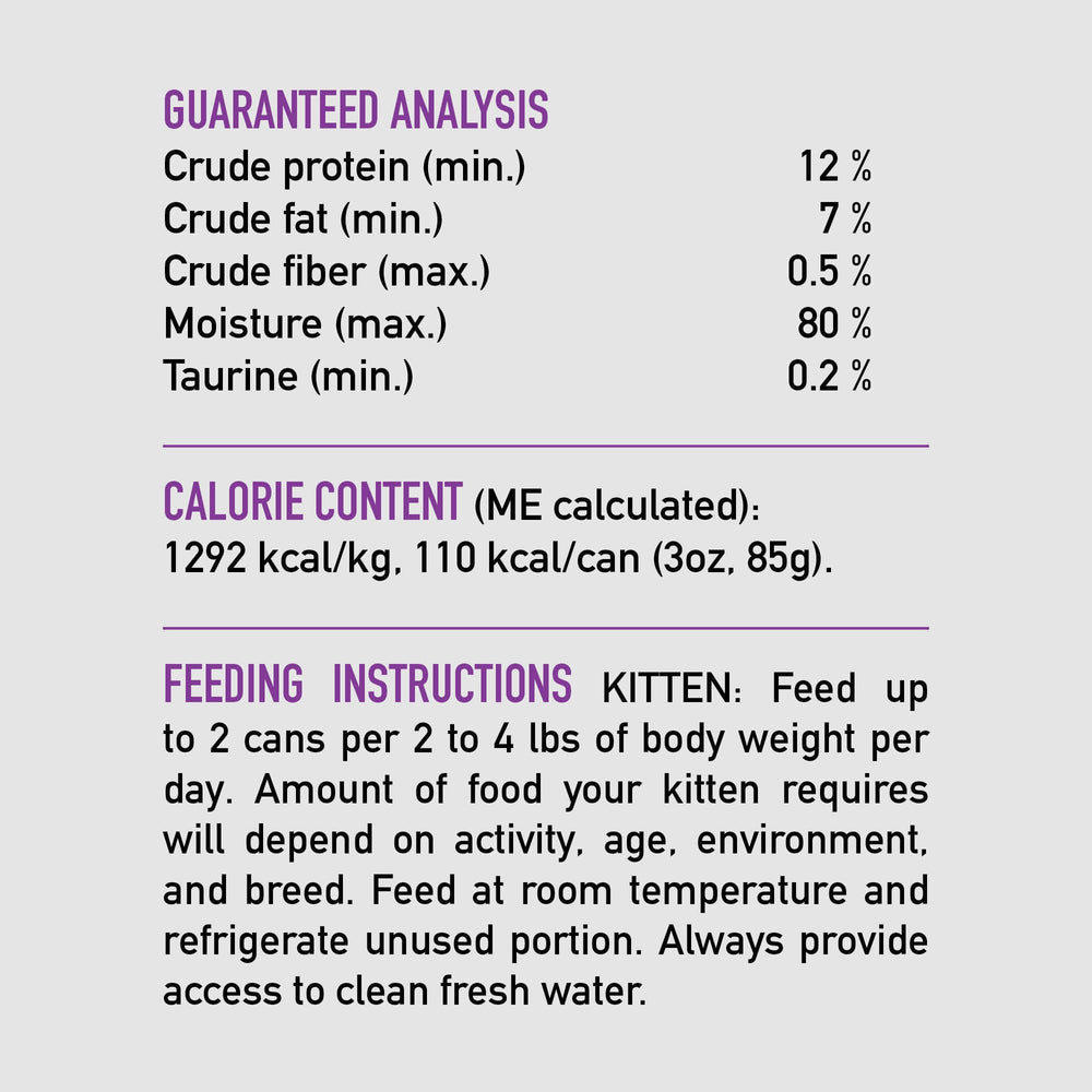 ORIJEN can with shredded chicken on top suggests palatable entrèe for kittens.