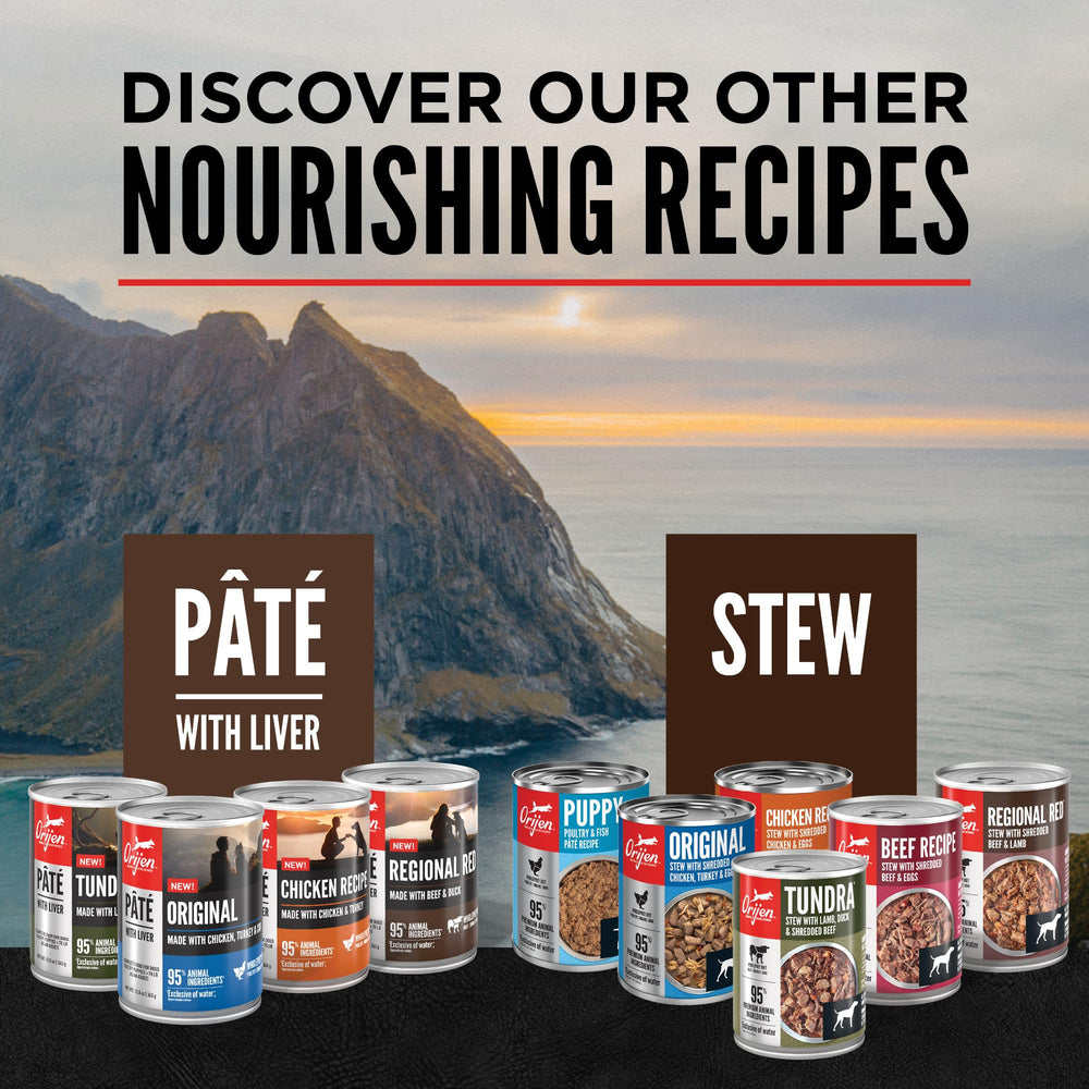 ORIJEN Premium wet dog food packaging signals quality and authenticity.
