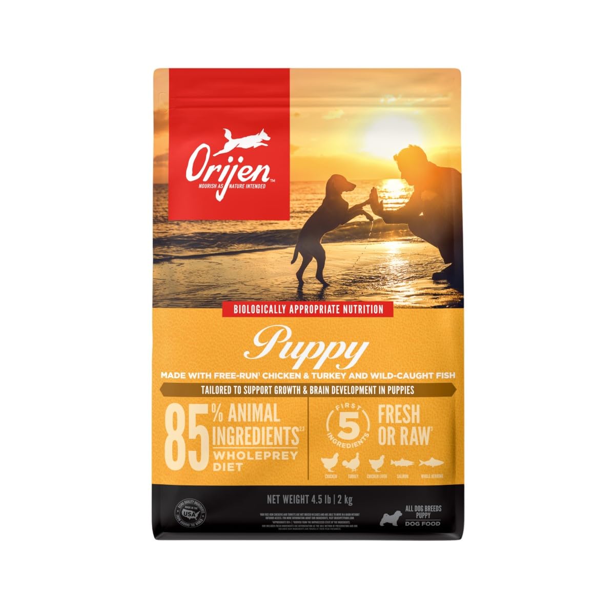 ORIJEN puppy grain-free dry food bag showing protein-rich ingredients for healthy growth