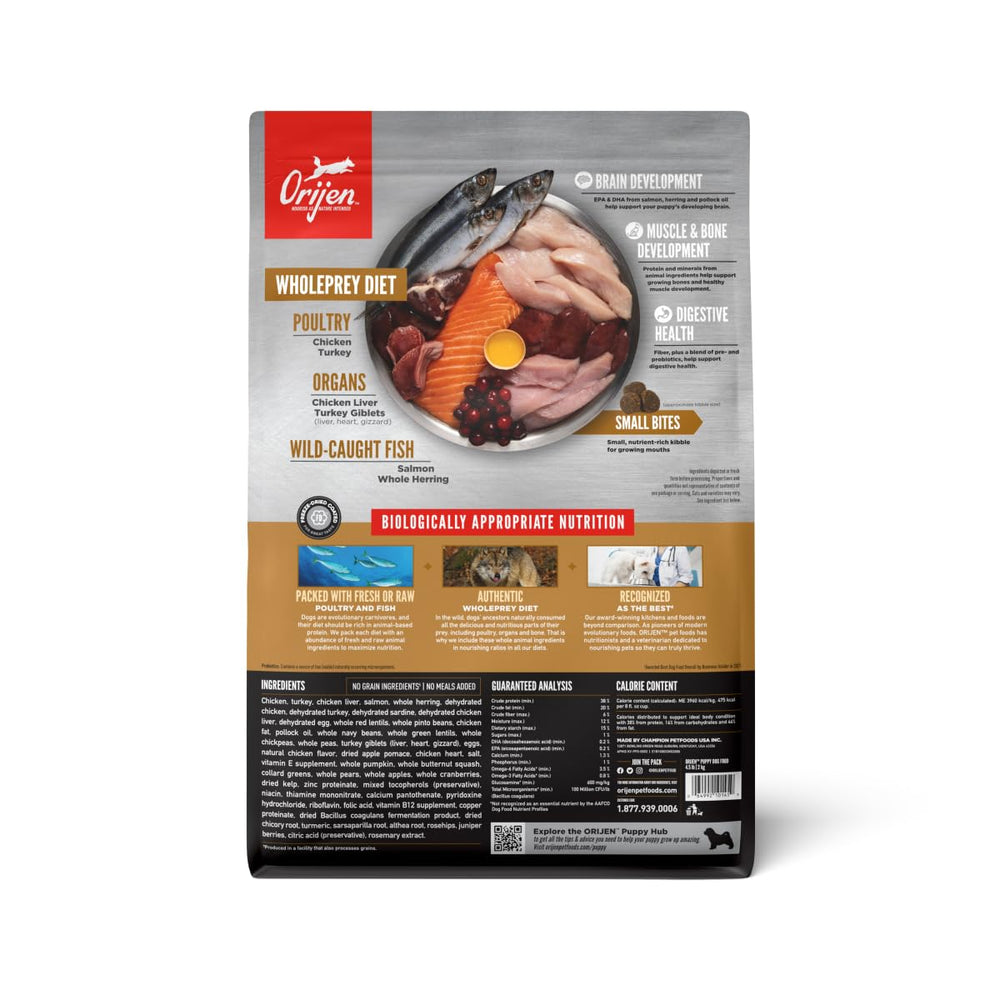 Orijen puppy kibble close-up highlighting high-quality poultry and fish