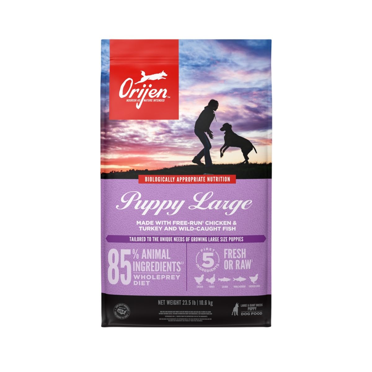 ORIJEN Puppy Large Grain Free Dry Dog Food bag shows premium protein for growing puppies