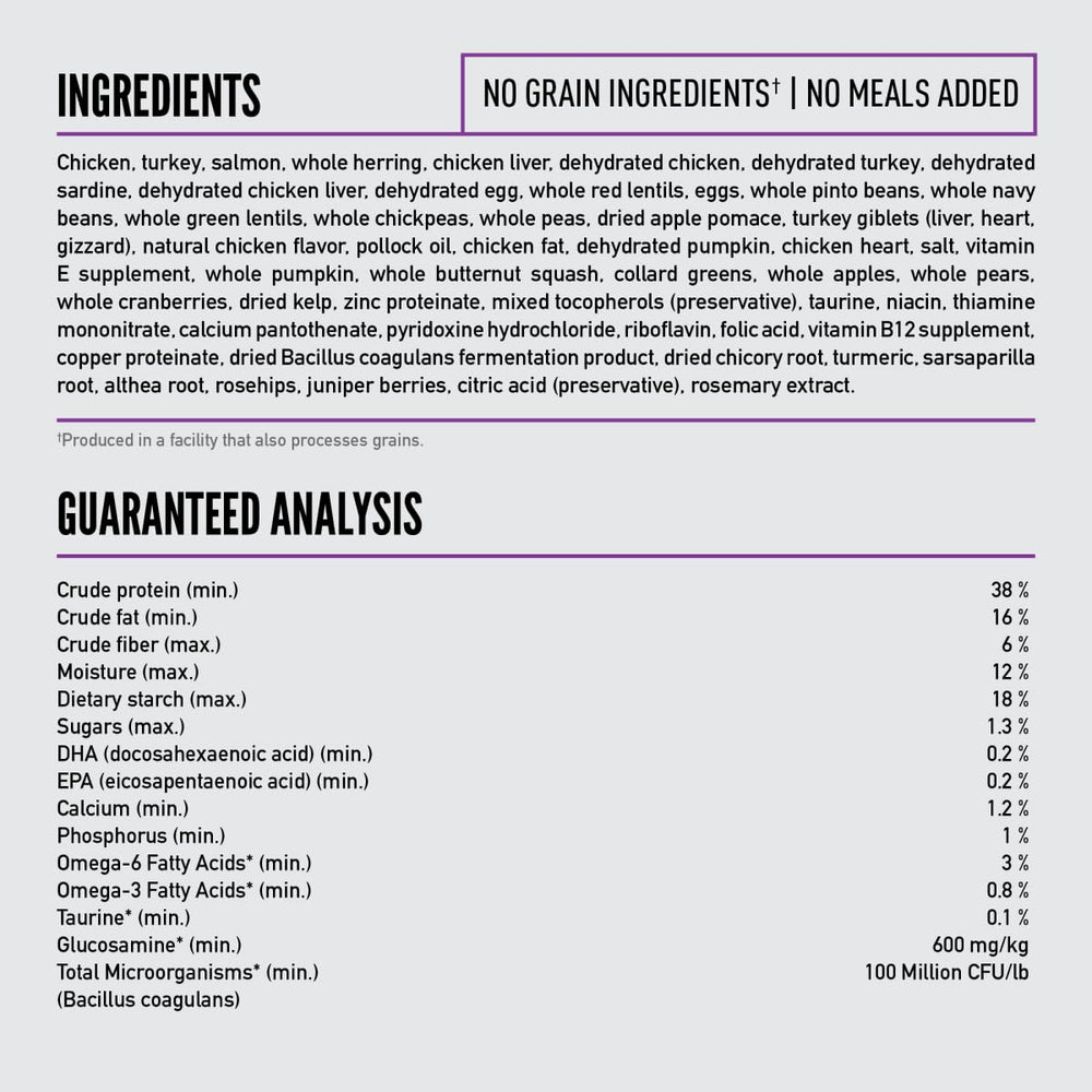 ORIJEN grain-free recipe with 85% animal ingredients for protein-forward nutrition