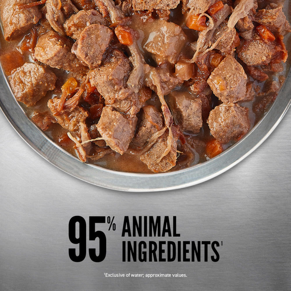 Kibble mixed with ORIJEN Real Meat Shreds Tundra Stew for extra texture