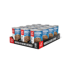 ORIJEN Real Meat Shreds wet dog food cans pack shot demonstrates high-protein canine nutrition.