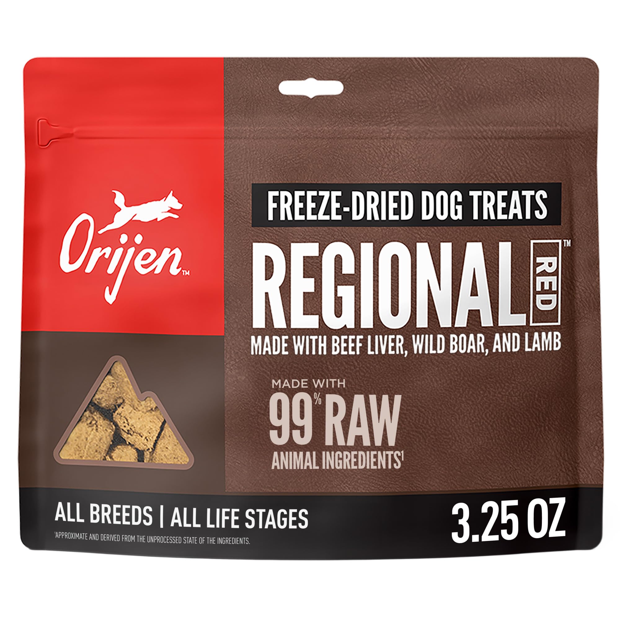ORIJEN Regional Red 3.25oz bag front, premium high-protein dog treats